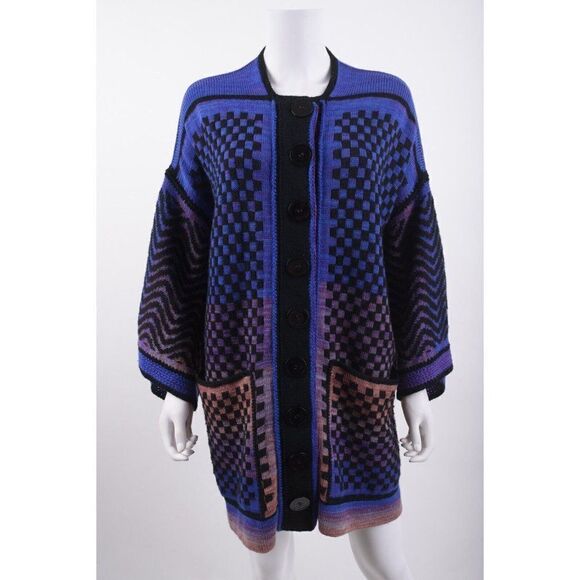 Linda Mendelson Artist Womens Sweater Cardigan Checked Purse Art to Wear NYC 1X - Picture 1 of 6
